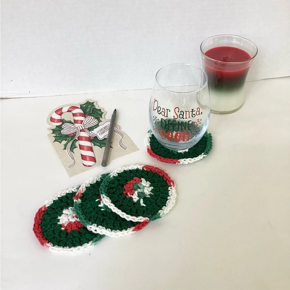 Coaster Set Hand Crafted Red White Green Christmas Holidays Crochet